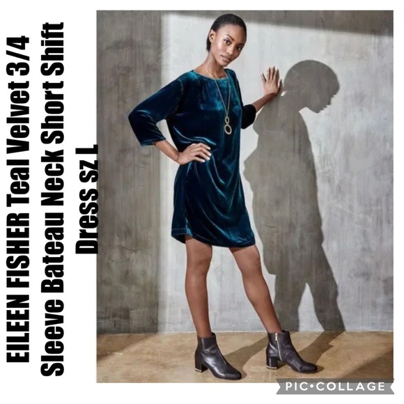 EILEEN FISHER Teal Velvet 3/4 Sleeve Bateau Neck Short Shift Dress sz L - Picture 1 of 15